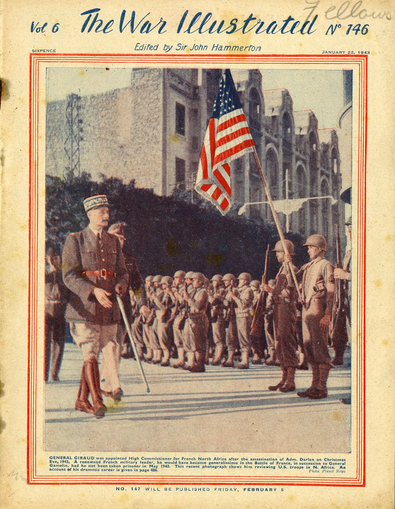 A page of The War Illustrated showing a French general marching past American soldiers at attention. The general is conducting an inspection and the American flag is being presented by a color guard.
